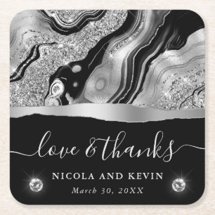 Elegante schwarze Folie & Silber Glitter-Achat-Hoc Rechteckiger Pappuntersetzer