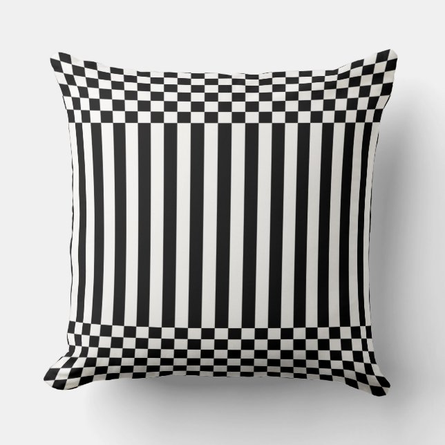 Elegante schwarze geometrische Streifen und Schach Kissen (Vorderseite)