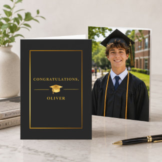 Elegante schwarze Gold-Abschlussfoto  Karte