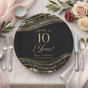 Elegante Schwarze Gold-Achat 10. Hochzeitsjubiläum Pappteller