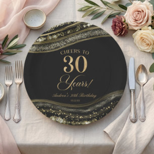 Elegante schwarze Gold-Achat-30.-Geburtstagsfeier Pappteller