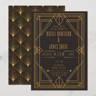 Elegante schwarze Gold Art Deco Hochzeitsheirat Einladung