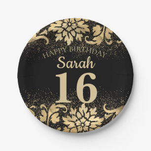 Elegante schwarze Gold-Glitter 16. Geburtstag Pappteller