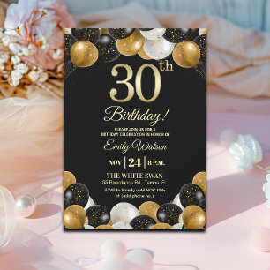Elegante schwarze Gold-Glitter 30. Geburtstagsfeie Einladung