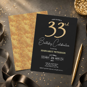 Elegante schwarze Gold-Glitter 33. Geburtstagsfeie Einladung