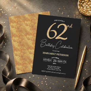 Elegante schwarze Gold-Glitter-62-Geburtstagsfeier Einladung