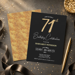 Elegante schwarze Gold-Glitter 71. Geburtstagsfeie Einladung