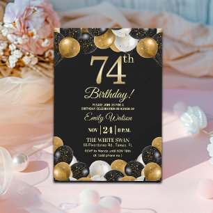 Elegante schwarze Gold-Glitter 74. Geburtstagsfeie Einladung