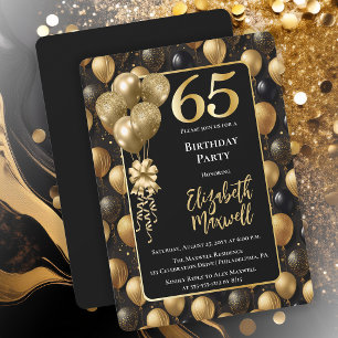 Elegante schwarze Gold-Glitter-Ballons 65. Geburts Einladung
