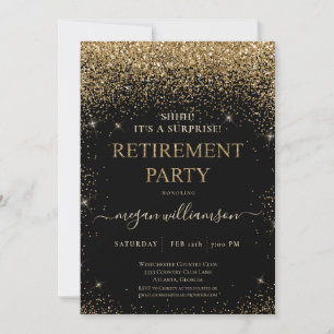 Elegante schwarze Gold-Glitter-Ruhestandsfeier Einladung
