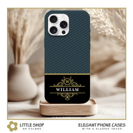 Elegante Schwarze Gold Monogram Gray Pinstripe Case-Mate iPhone Hülle