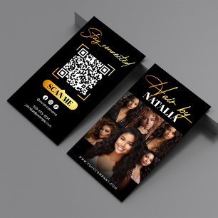 Elegante schwarze Gold-QR-Code & Foto-Friseur Visitenkarte