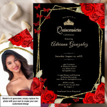 Elegante Schwarze Gold- und Rote Rosen Quinceanera