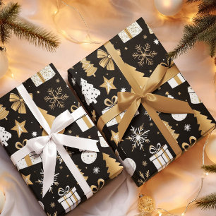 Elegante schwarze Gold-Weihnachts-Linienkunst Geschenkpapier