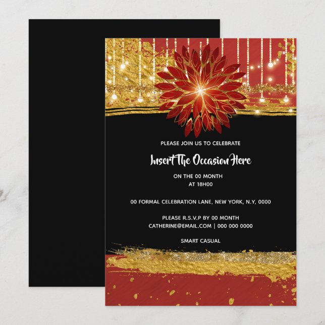 Elegante schwarze Goldbrasse Einladung (Vorne/Hinten)