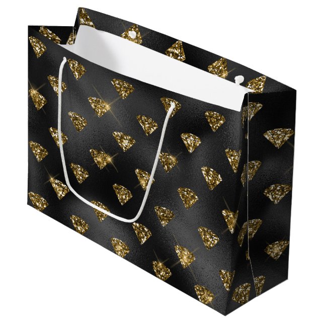Elegante schwarze Golddiamanten gekachelt Hochzeit Große Geschenktüte (Vorderseite Schrägansicht)