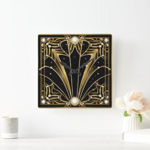 Elegante schwarze goldene Art Deco Perlen Quadratische Wanduhr