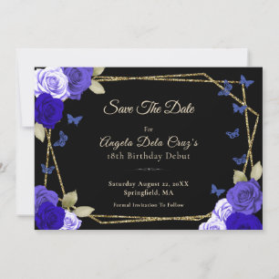Elegante schwarze goldene blaue Rosen 18. Geburtst Save The Date
