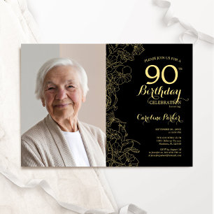 Elegante schwarze goldene Blumen-Foto-90-Geburtsta Einladung