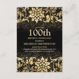 Elegante schwarze goldene Blumen Glitter 100. Gebu Einladung