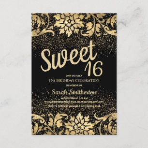 Elegante schwarze goldene Blumen Glitter Sweet 16 Einladung
