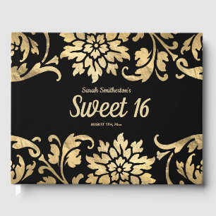 Elegante schwarze goldene Blumen Sweet 16 Geburtst Gästebuch