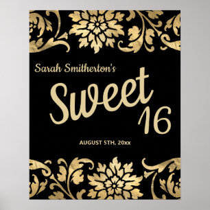 Elegante schwarze goldene Blumen Sweet 16 Geburtst Poster