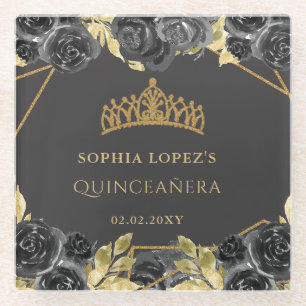 Elegante schwarze goldene Blumen-Tiara Quinceanera Glasuntersetzer
