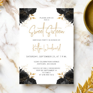 Elegante schwarze goldene Blumen weiße Sweet 16 Pa Einladung