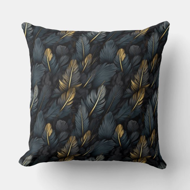 Elegante schwarze goldene Federn Kissen (Vorderseite)