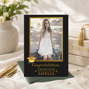 Elegante schwarze goldene Foto-Abschlussgratulatio Karte