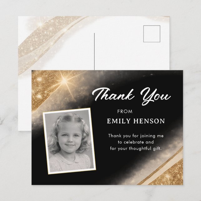 Elegante schwarze goldene Glitter-Foto-Geburtstag Postkarte (Vorne/Hinten)