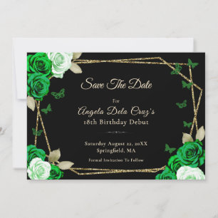 Elegante schwarze goldene grüne Rosen 18. Geburtst Save The Date
