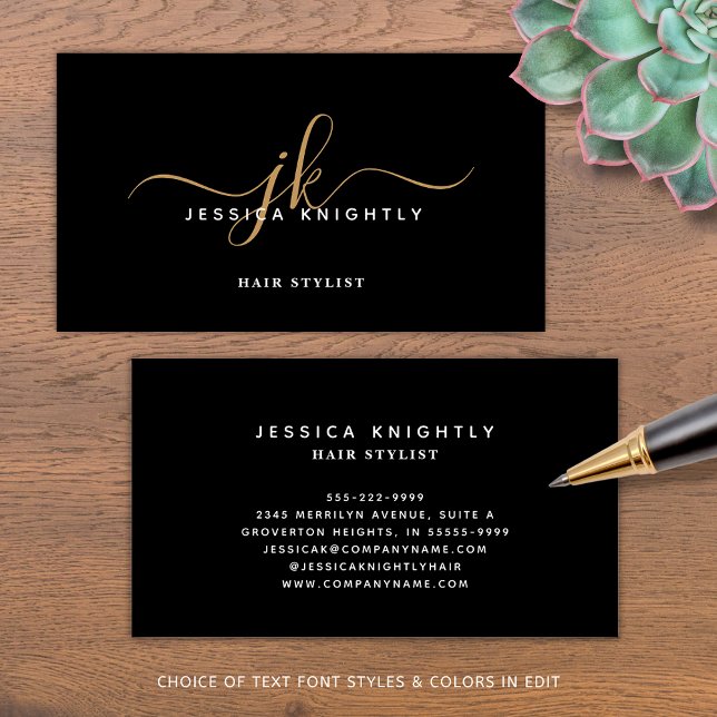 Elegante schwarze goldene Monogramm-Schrift Initia Visitenkarte (Von Creator hochgeladen)