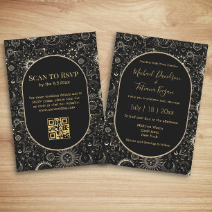 elegante schwarze goldene mystische QR-Hochzeit Einladung