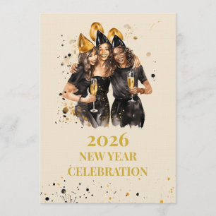 Elegante schwarze & goldene Neujahrseinladung Einladung