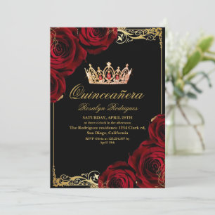 Elegante schwarze goldene rote Foto-Quinceanera Einladung