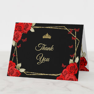 Elegante Schwarze Goldene Rote Rosen Quinceanera Dankeskarte