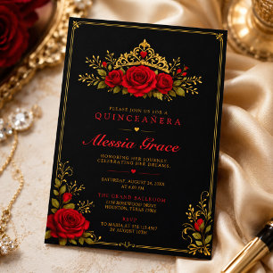 Elegante schwarze goldene rote Rosen-Quinceañera-P Einladung