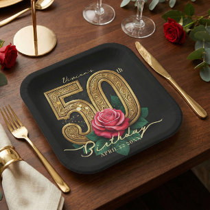 Elegante schwarze goldene rote Rosenblume zum 50. Pappteller
