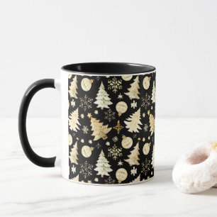 Elegante schwarze goldene Schneeflocken Weihnachts Tasse