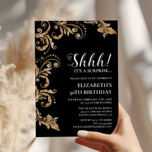 Elegante schwarze & goldene Shhh-Surprise-Party-Ge Einladung