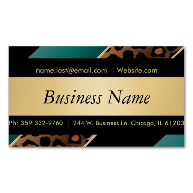 Elegante schwarze, goldene und Aquamarine Leoparde Magnetische Visitenkarte (Vorderseite)