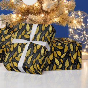 Elegante schwarze goldene und graue botanische Blä Geschenkpapier