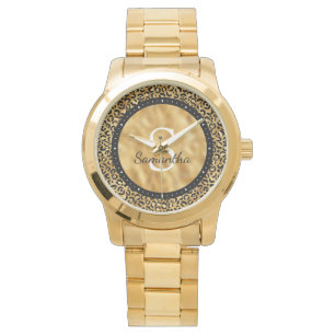 Elegante schwarze Goldfolie Leopard Name Monogramm Armbanduhr