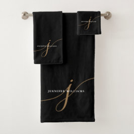 Elegante schwarze Goldschrift-Monogramm-Typografie Badhandtuch Set