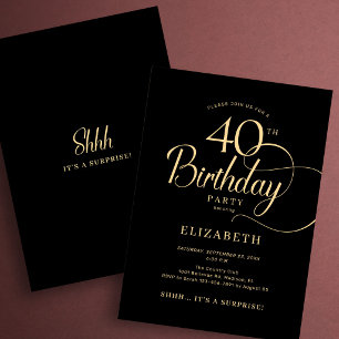 Elegante schwarze Goldschrift Überraschung 40. Geb Einladung