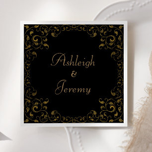 Elegante schwarze Goldschrift Vintage-Laub Hochzei Serviette