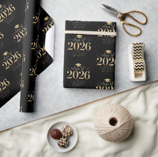 Elegante schwarze Goldsterne Abschlussklasse 2026 Geschenkpapier