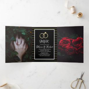 Elegante schwarze Goldstreifen Folienhochzeit Dreifach Gefaltete Einladung